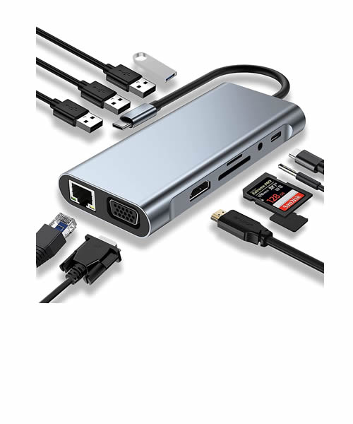 USB C HUB, Docking Station, 11-in-1 USB C Adapter with 4K-HDMI, VGA, USB 3.0 port, Type C PD, RJ45 Ethernet, SD / TF Card Reader, 3.5mm AUX, Compatible with MacBook Pro / Air , More Type C Devices